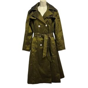 Jerry T Trench Coat Womens XL Olive Shiny Belted Double Breasted Grommet Buttons